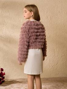 Tween Girls Long Sleeve Furry Cardigan Sweater + Waist Cinched Long Sleeve Ribbed Elegant Dress Set, Suitable For Halloween, Christmas, Elegant & - Pink - View 2