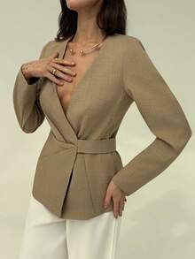 Aloruh Women's Solid Color Deep V-Neck Long Sleeve Pleated Waist Casual Blazer - Apricot - View 6