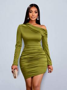 SOLERSUN Váy satin mini xếp ly cổ tay dài bất đối xứng thanh lịch dành cho nữ - Màu xanh Ô liu - Xem 3