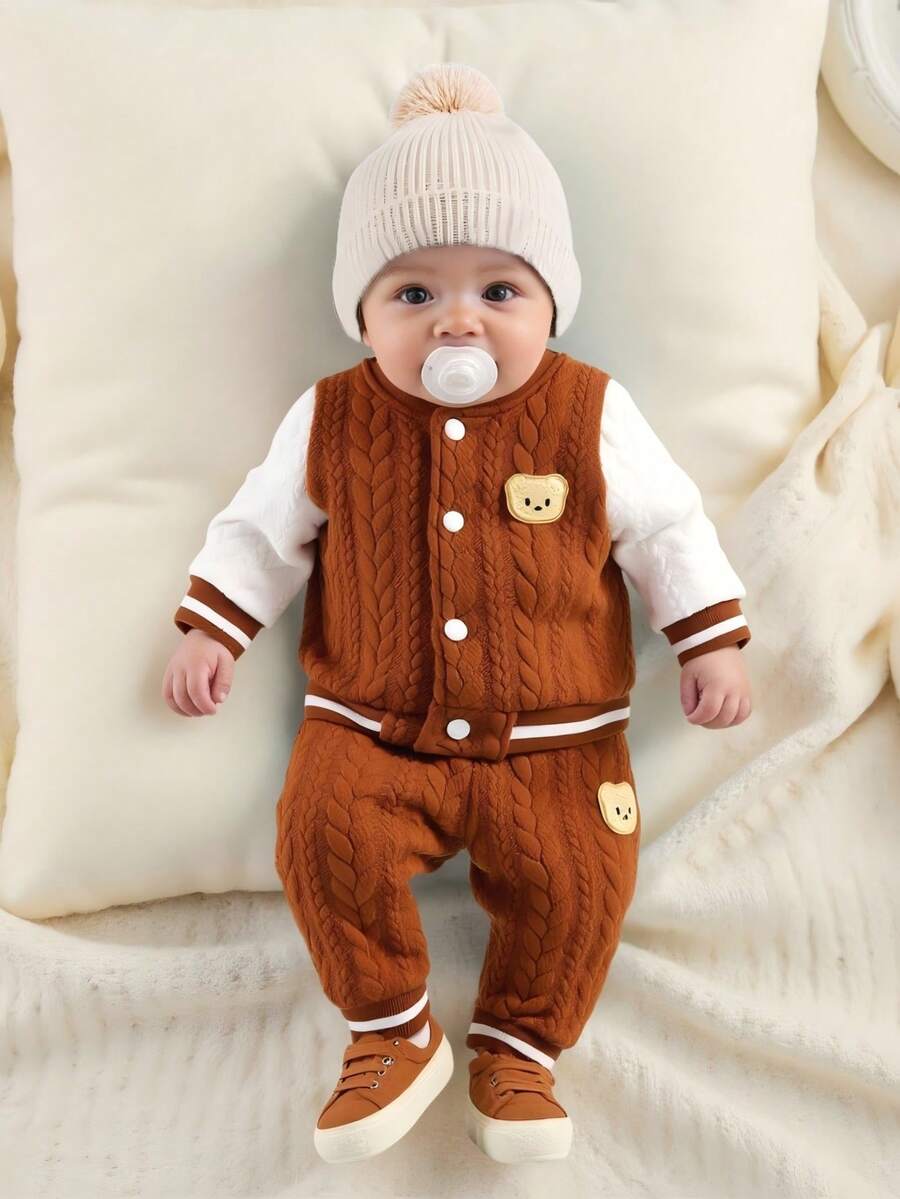 SHEIN Newborn Boy Baby Bear Pattern Double Fried Dough Twists Fabric White Splicing Blue Jacket Two Pieces Suit Fashionable Personalized Handsome Boys And Girls Can Wear - Brown - View 1