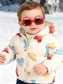 男婴汽车图案拉链绗缝连帽加厚外套，防风袖口，适合秋冬季休闲穿着，中性色，男婴适用 - 彩色 - 查看 9