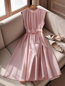 Franclia Đầm midi hở eo đính nút ngọc trai thanh lịch giản dị, viền bèo nhún phía trước, mùa hè mới, màu mơ - Bụi hồng - Xem 1