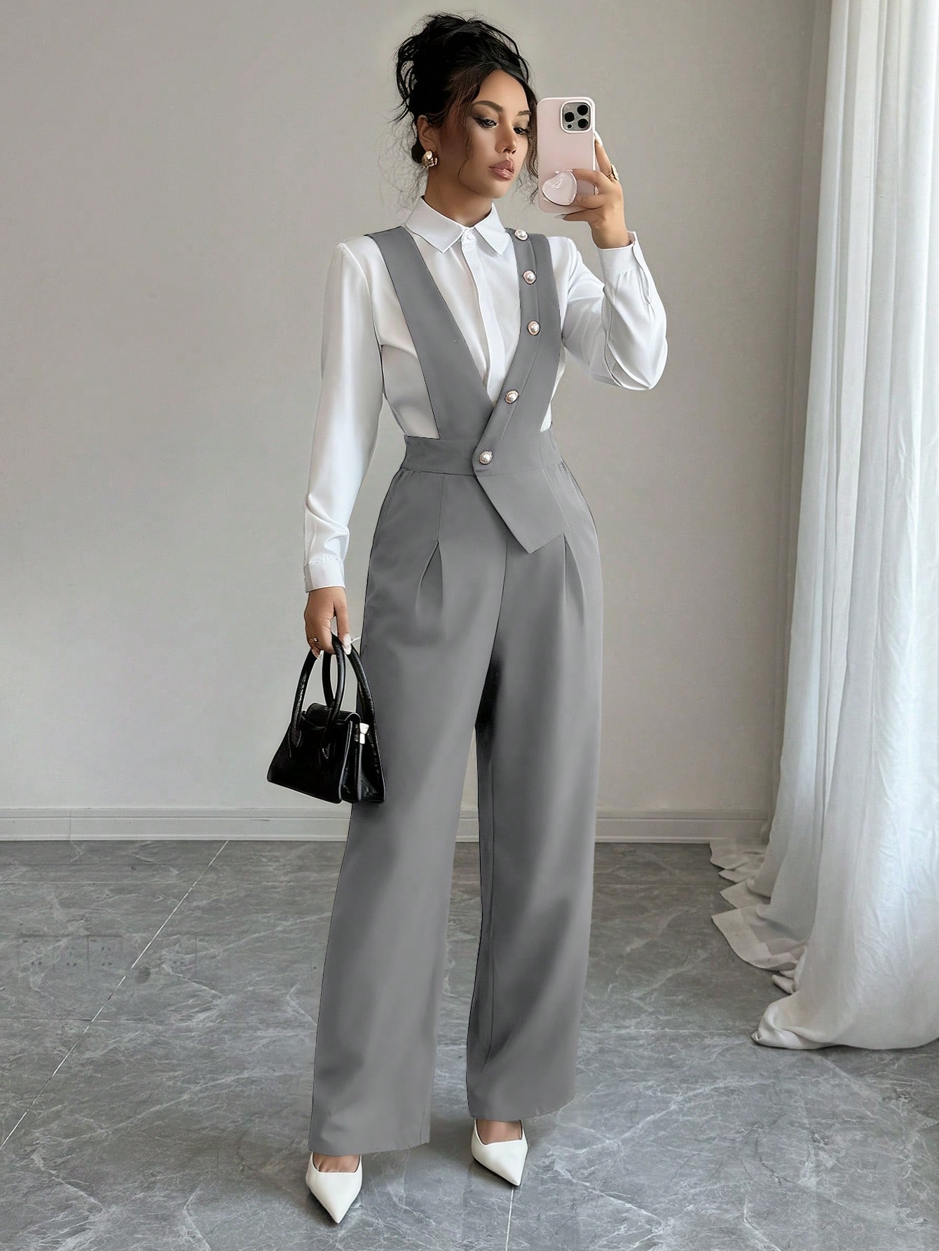 Elenzga جمبسوت نسائية عادية واسعة الساق، أسود