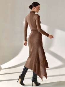 CLARA VERO Smart Office Chic Asymmetrical Cut Midi Length Knitted Skirt - Camel - View 5