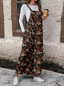 EMERY ROSE Plus Size Casual Leaf Print Loose Wide Leg Jumpsuit, Autumn