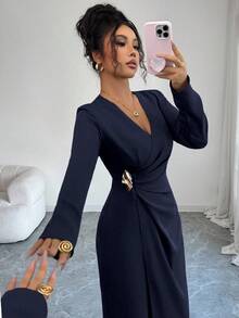 Elenzga Women's Solid Color Long Sleeve Pleated Design Metal Decor Elegant Dress - Navy Blue - View 4