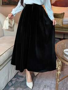 DAZY Falda de terciopelo drapeada de corte medio A-line adelgazante, falda paraguas elegante de alta calidad para mujeres