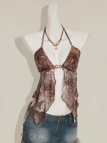 SHEIN ICON Áo hai dây mảnh họa tiết Paisley cổ điển dành cho nữ, viền bất đối xứng, mùa hè - Màu Khaki - Xem 3