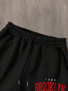 Manfinity Homme 2pcs Men's Thermal Lined New York Slogan Print Casual Sweatshirt And Sweatpants Set, Fall/Winter Clothes - Black - View 5