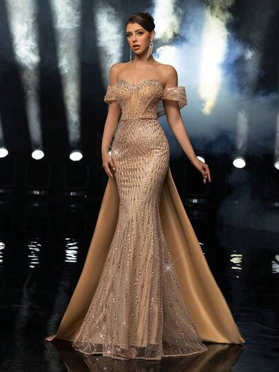 Glamrae Elegante y lujoso vestido de gala con cola de sirena, hombros descubiertos, sin tirantes, muy adornado con perlas y lentejuelas, transparente, con lazo y cola de satén, apropiado para todas las ocasiones formales, bodas, galas y fiestas de noche