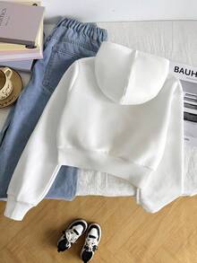 SHEIN Tween Girl Loose Casual Minimalist Comfortable Daily Casual Street Hooded Loose Fitted Pocket Zipper Front Cropped Long Sleeve Sweatshirt Jacket Outerwear, White Back To School - White - View 2