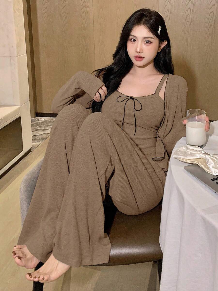 DAZY 3pcs Set: Ruffled Trim Decor Neckline Tie Bow Camisole Top And Straight Leg Pants And Open Front Top Loungewear Set, Winter Clothes - Khaki - View 1