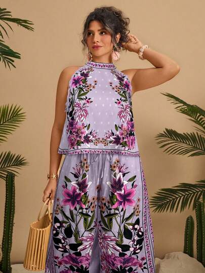 Travachic 大码女式花卉印花吊带上衣和阔腿裤休闲两件套