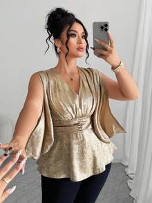 Elenzga Sukienka damska w dużym rozmiarze, najlepiej sprzedająca się, z dekoltem w serek i rozcięciem w talii, w kształcie litery A, z metalicznym akcentem, elegancka, wyszczuplająca suknia wieczorowa na ekskluzywne bankiety, imprezy, spotkania biznesowe, z odkrytymi ramionami, romantyczna, formalna, długa bluzka - Złoto - Zobacz 1