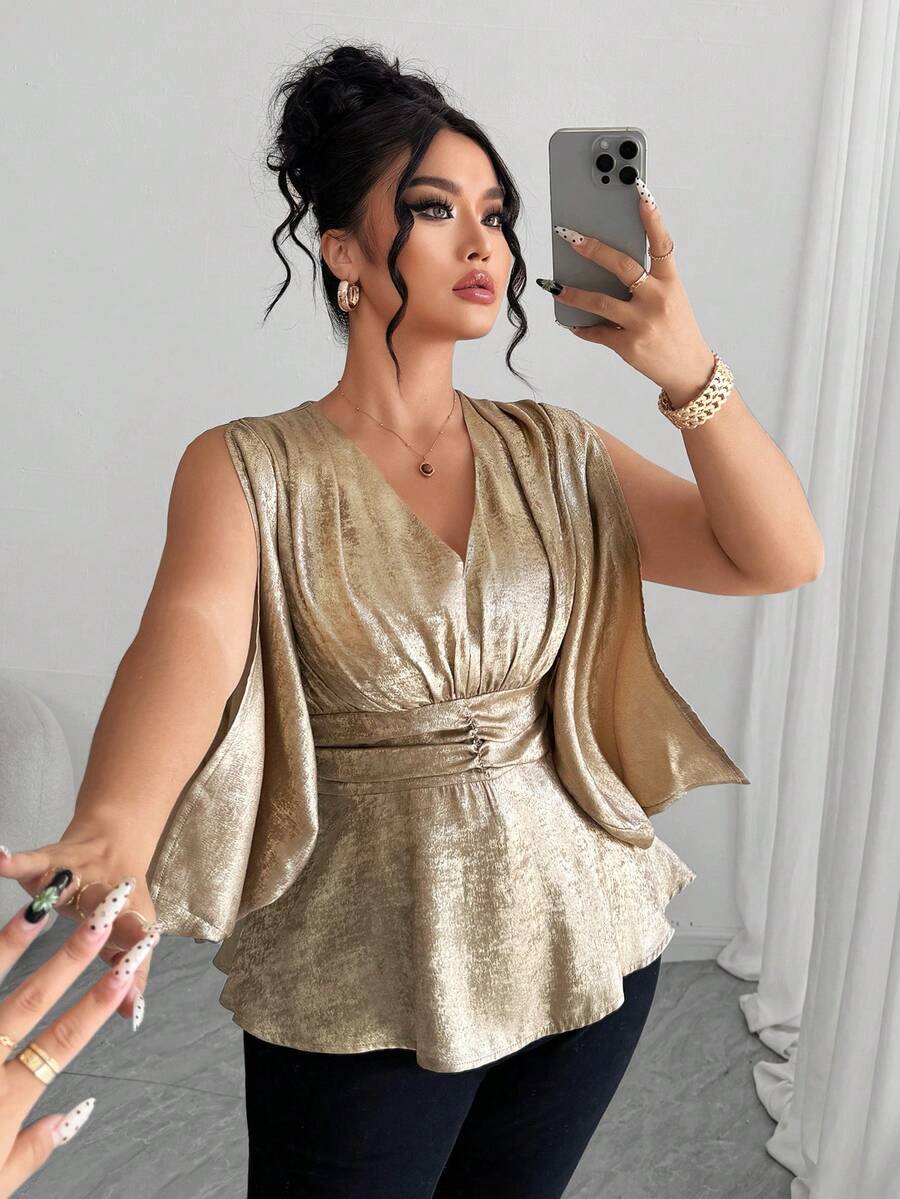 Elenzga Sukienka damska w dużym rozmiarze, najlepiej sprzedająca się, z dekoltem w serek i rozcięciem w talii, w kształcie litery A, z metalicznym akcentem, elegancka, wyszczuplająca suknia wieczorowa na ekskluzywne bankiety, imprezy, spotkania biznesowe, z odkrytymi ramionami, romantyczna, formalna, długa bluzka - Złoto - Zobacz 1