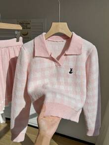 Sparklyn 2pcs/Set Girls Knitted Outfit, Pink Cute Embroidered Rabbit Plaid Sweater + Knitted Mini Skirt, Teenage Girls Long Sleeve V-Neck Pullover, Casual Elegant Style For Autumn/Winter Two Piece Kids Set Skirt Plaid Tween Matching Set Knit Girl Clothes Skirt Set Girl Knit Set Pink Checkers Outfits Kids - Pink - View 3