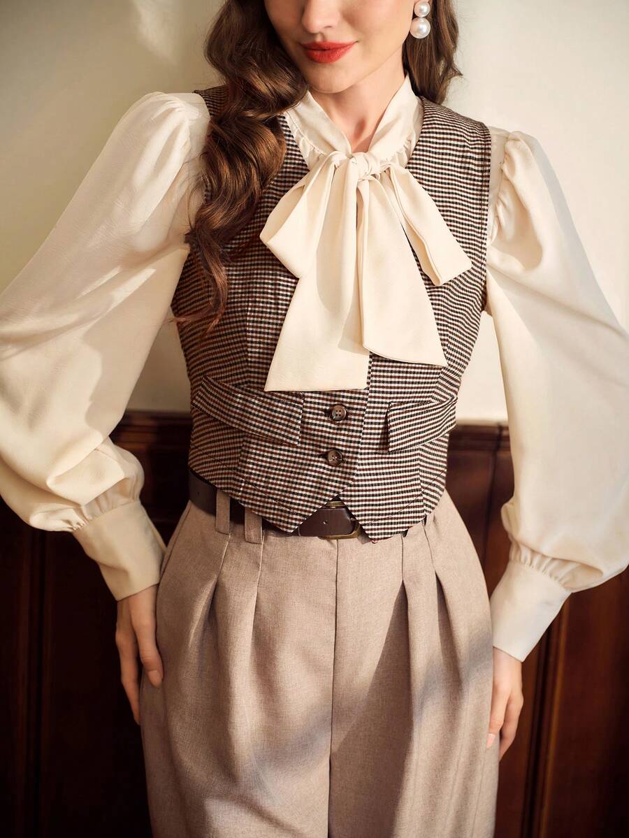 Vintamour Eleganckie damskie kamizelki w kratkę w serek, bez rękawów, brązowe, jesienne ubrania damskie, biznesowe, codzienne, damskie, na bal absolwentów, zimowe, biurowe, damskie, jesienne stroje damskie, bluzki jesienne, zimowe stroje damskie, zimowe ubrania damskie, jesienne ubrania, jesienne bluzki damskie, Cottage Core, urodzinowe stroje damskie, kamizelka, top, świąteczna koszula, świąteczne ubrania, ubrania do pracy, stare pieniądze - Kolor khaki - Zobacz 1