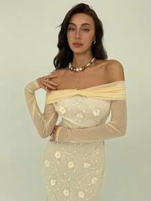 Aloruh Vestido midi de manga larga elegante para mujer con aplicaciones, parche de malla hombros descubiertos