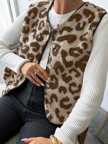 SHEIN Essnce Plus Size Winter Clothes For Women Business Casual Woman Women Leopard Print Single Breasted Sherpa Vest Jacket, Autumn/Winter Jacket Fur Coat Women - Khaki - View 6