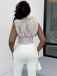Alexandranx Chaleco/chaqueta de mujer con cremallera delantera de piel sintética de unicolor para otoño/invierno - Marrón - Ver 5