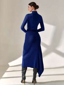 EURMUSE Smart Office Chic Asymmetrical Cut Midi Length Knitted Skirt - Royal Blue - View 2