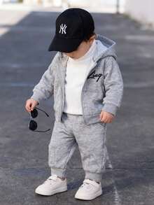 2 件套幼儿男婴字母刺绣纹理针织连帽夹克，带拉链，松紧腰直筒裤，儿童服装，婴儿服装，春/秋/冬，6 个月-3 岁 - 灰色 - 查看 1