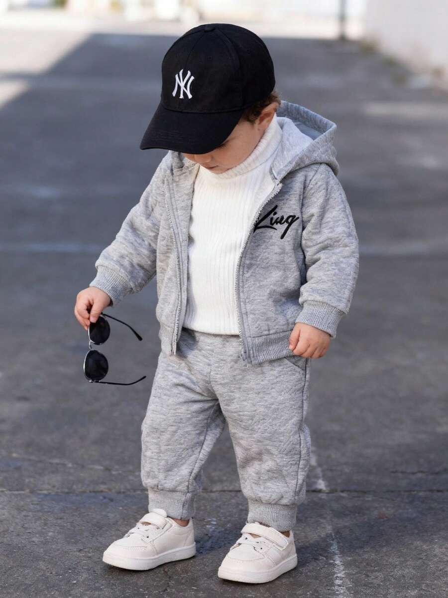 2 件套幼儿男婴字母刺绣纹理针织连帽夹克，带拉链，松紧腰直筒裤，儿童服装，婴儿服装，春/秋/冬，6 个月-3 岁 - 灰色 - 查看 1
