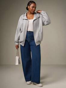 SHEIN Tall CURVE Sudadera con capucha de manga larga con cremallera frontal y bolsillo para mujer de talla grande, atuendos minimalistas y casuales para graduación, regreso a la escuela, atuendos de maestros para mujeres, ropa de otoño e invierno para el regreso a la escuela