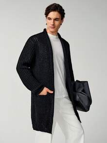 Manfinity Homme 男士纯色休闲百搭长袖针织开衫，外出落肩纯色厚实休闲超大纯黑色开衫，适合丈夫、男友礼物，适合秋冬，垃圾摇滚风格 - 黑色 - 查看 5