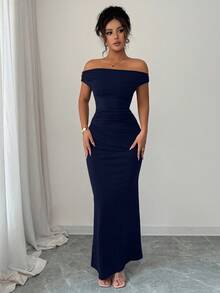 Rafferiza Elegant Ruched Off Shoulder Metallic Accent Fitted Party Dress For Women - Navy Blue - View 6