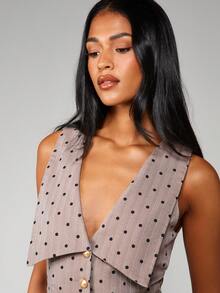 MISSGUIDED Oversized Vintage Style Polka Dot Waistcoat Vest Button Front Empire Waist Tailored Fit Fall Autumn Winter Ladies Sleeveless Collared Top - Beige - View 5