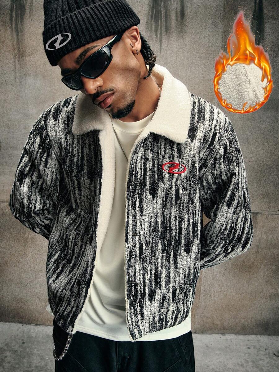 AXEPEAK Men's Street Style Thermal Lined Turndown Collar Long Sleeve Jacket, Autumn/Winter - Black and White - View 1