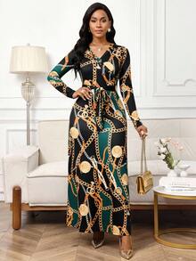 SHEIN Lady Women's Elegant Chain Print V-Neck Belted Fitted Long Dress, Spring/Autumn - Multicolor - View 6