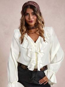 Freevana Blusa de moda con volantes y mangas acampanadas de unicolor para mujer de talla grande - Albaricoque - Ver 1