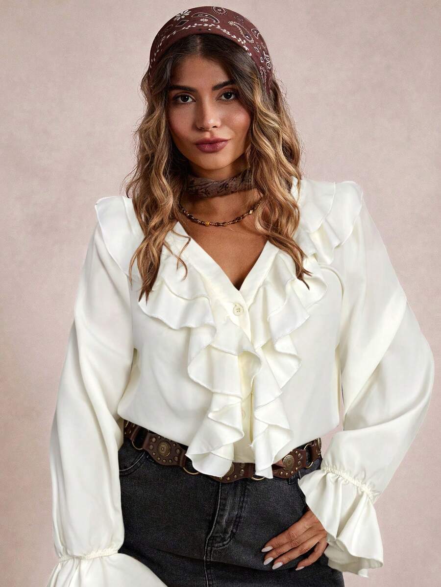 Freevana Blusa de moda con volantes y mangas acampanadas de unicolor para mujer de talla grande - Albaricoque - Ver 1