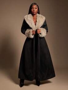 SHEIN SXY 大码女式复古性感优雅百搭哑光绒面羊毛长款夹克，带人造毛皮毛茸茸领子 - 黑色 - 查看 4