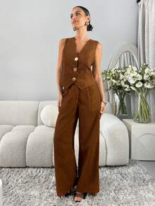 SHEIN Clasi 2 pezzi/set Completo elegante da donna in velluto a coste con top a scollo a V e pantaloni, adatto per l'ufficio, colore marrone. Set da 2 pezzi con tuta senza maniche in velluto a coste, tuta invernale da donna - Castano - Visualizzare 5