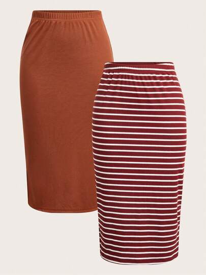 SHEIN LUNE Set de 2 faldas casuales de mujer a rayas y de unicolor