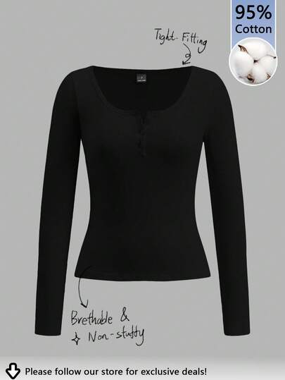 Tseoso 95% Cotton Women's New Arrivals Cotton-Feel Small V-Neck Half-Placket T-Shirt For Spring, & Autumn And Winter, Casual, Cozy Chic, Slim And Versatile, Autumn/Winter, Versatile For Daily Wear, Indoor And Outdoor, Vintage, Soft Girl, Outing Items, Home, Back To School, Fall Women Clothes, Versatile, Old Money, New Money, Gift,