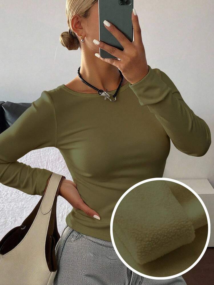 Women's Thermal Lined Solid Color Crew Neck Long Sleeve T-Shirt Thermal Lined,Winter