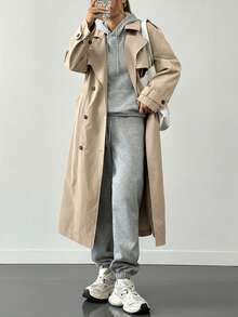 SHEIN EZwear Áo khoác dáng dài tay dài cổ ve lật hai hàng khuy dành cho nữ cỡ lớn, màu trơn, thích hợp cho mùa thu/ đông. - Màu Khaki - Xem 6