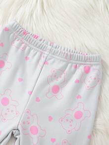 Young Girl' Minimalist Elegant Bear Pattern Fleece Long Sleeve & Pants Sleepwear Homewear Set - Multicolor - View 6