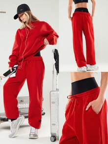 GLOWMODE Heavyweight Fleece Oversized Fit Adjustable Drawstring Waist Basic Joggers With Side Pockets Daily Casual Thermal Warm Winter - Fiery Red - View 8