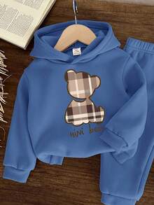 SHEIN Baby Boy Casual Minimalist Cartoon Bear Pattern Knitted Soft Loose Hoodie Sweatshirt And Pants Set, Suitable For Autumn/Winter - Blue - View 4