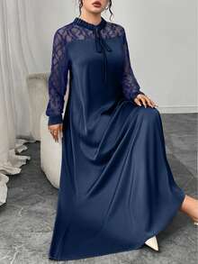 Al Najma 女士优雅V领长袖撞色蕾丝喇叭连衣裙，春夏款 - 藏蓝色 - 查看 1