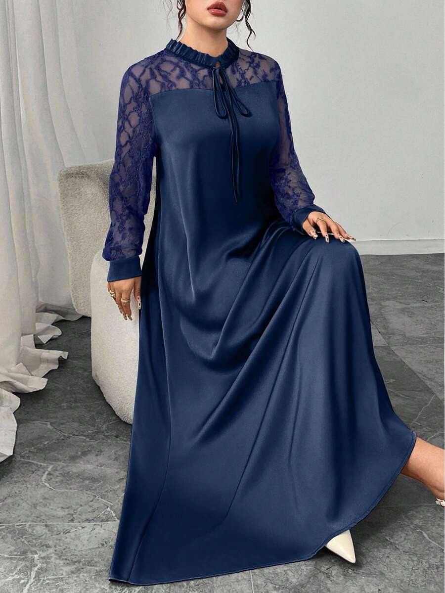 Al Najma 女士优雅V领长袖撞色蕾丝喇叭连衣裙，春夏款 - 藏蓝色 - 查看 1