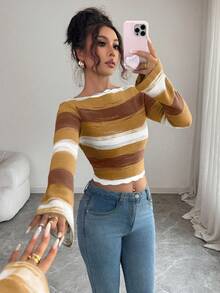 Selianne Elegant Ombre Flare Sleeve Fitted Sweater, Autumn/Winter - Orange - View 3