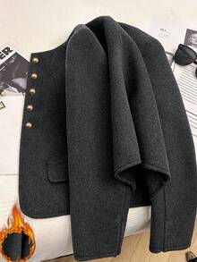 Franclia 时尚法式优雅短款棕色圆领长袖女士大衣，秋冬 - 深灰色 - 查看 1