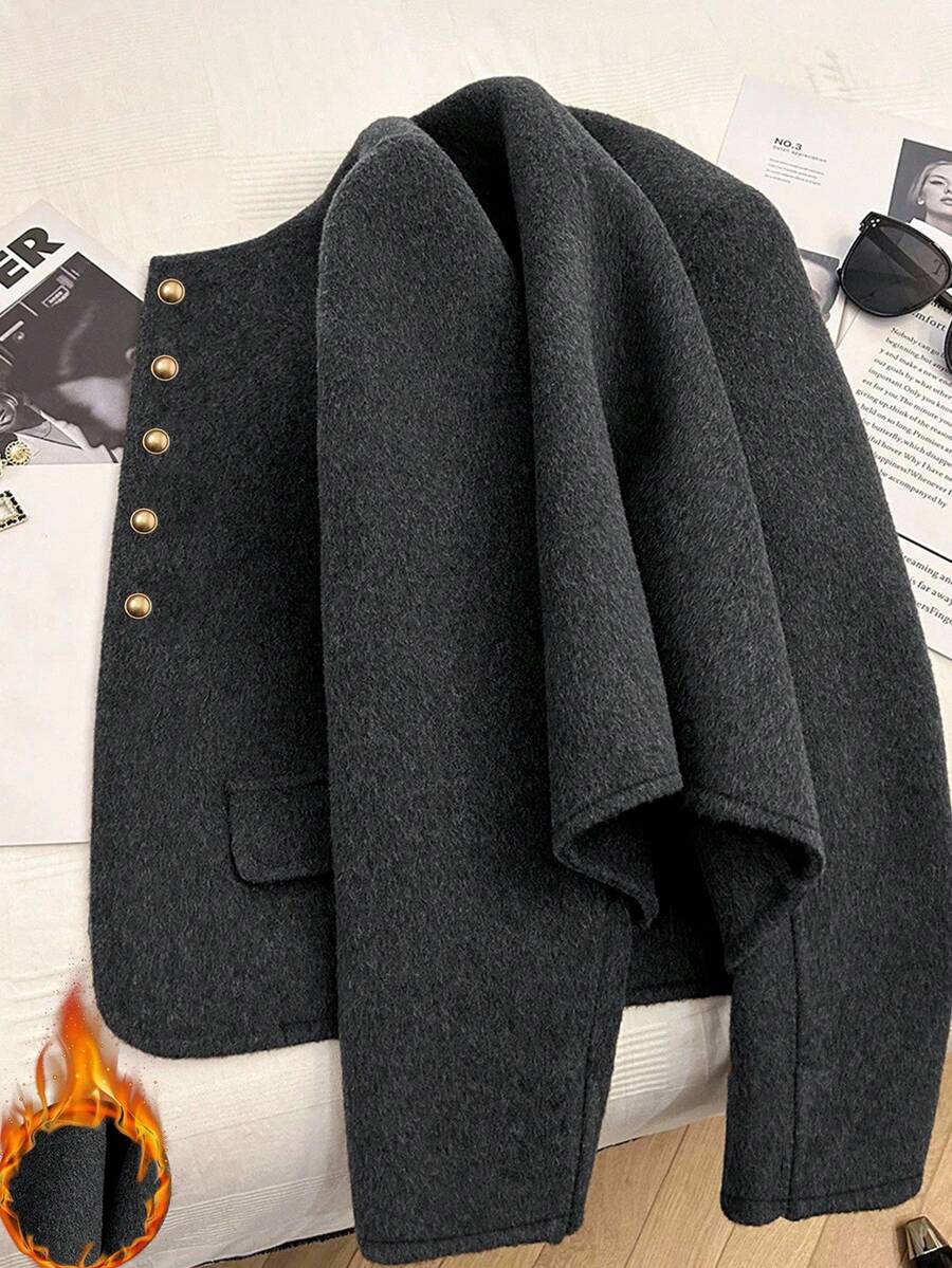 Franclia 时尚法式优雅短款棕色圆领长袖女士大衣，秋冬 - 深灰色 - 查看 1