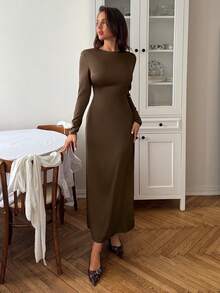 Aloruh 女士优雅性感露背长袖连衣裙，咖啡色，适合约会和派对，秋冬季 - 咖啡 - 查看 2